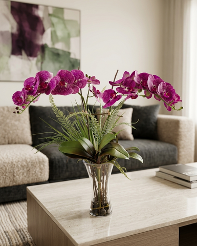 Orquideario con  2 Phalaenopsis Fucsia Moteada en Florero con Agua Acrílica