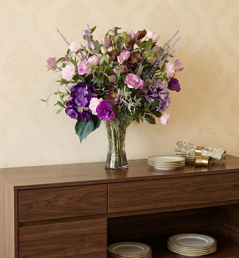 Arreglo Floral con Licianthus e Hudrangea en Florero con Agua Acrílica