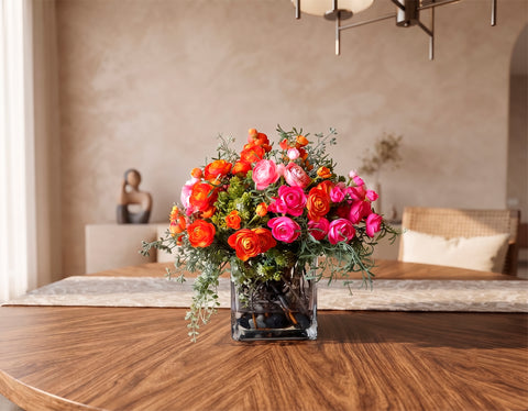 Arreglo Floral con Ranunculus Varios Tonos  Base Cuadrada Gde de Vidrio con Agua Acrílica