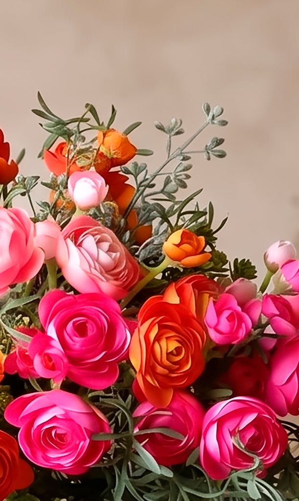 Arreglo Floral con Ranunculus Varios Tonos  Base Cuadrada Gde de Vidrio con Agua Acrílica