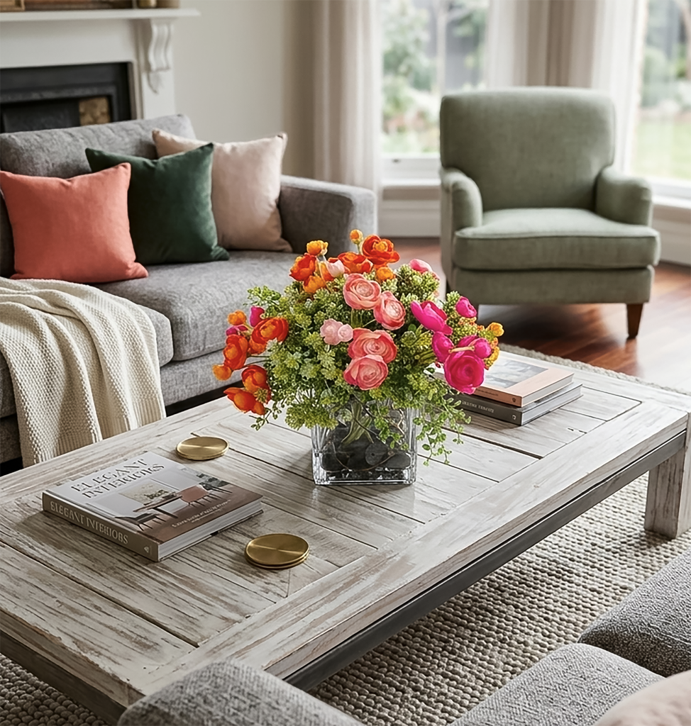 Arreglo Floral con Ranunculus Varios Totos  Base Cuadrada Med de Vidrio con Agua Acrílica