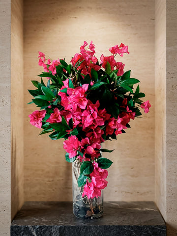 Arreglo Floral con Buganvilias y Follajes en Cilindro con Agua Acrílica (Única Pieza)