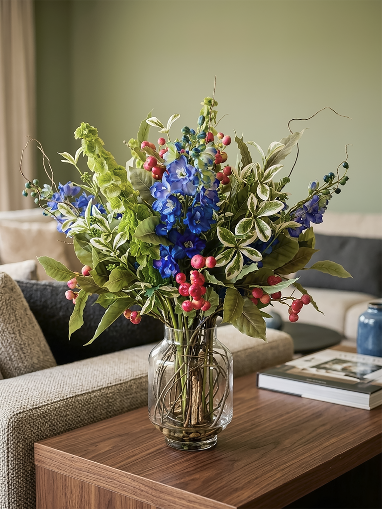 Arreglo Floral con Delphinium y Crabaple con Follajes en Florero con Agua Acrílica