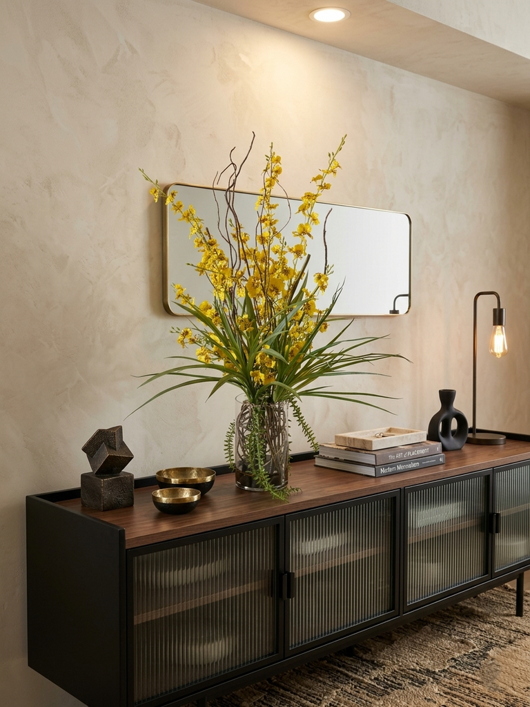 Orquideario con Oncidium Amarilla y Follajes Artificiales en Florero de Vidrio