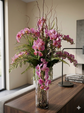 Orquideario con Phalaenopsis Rosas y Follajes Artificiales en Florero de Vidrio con Agua Acrílica