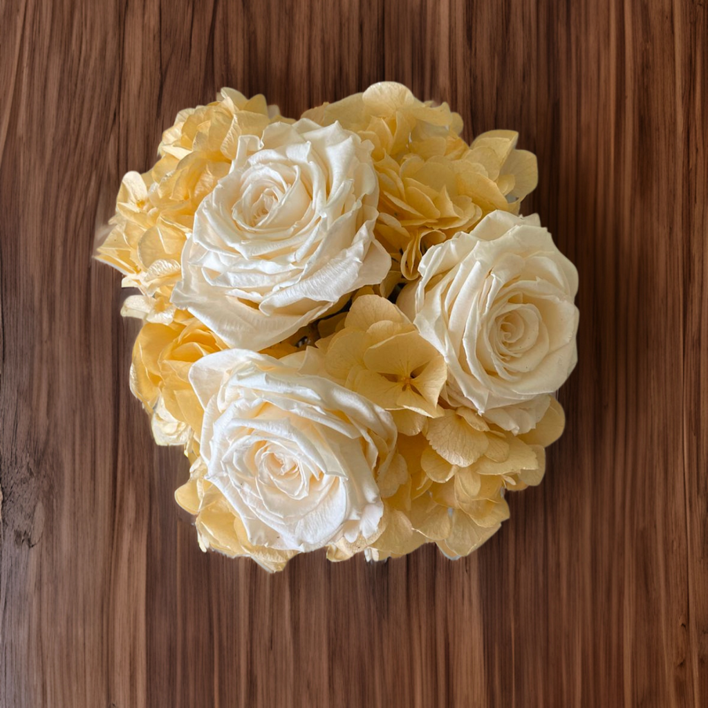 Arreglo Floral con Rosas e Hidrangeas Preservadas Color Champagne en Base Cuadrada de Vidrio con Agua Acrílica