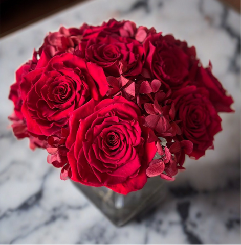Arreglo Floral con Rosas e Hidrangeas Preservadas Color Rojo en Base Cuadrada de Vidrio con Agua Acrílica