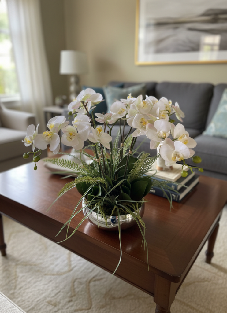 Orquideario con Phalaenopsis y Follajes Artificiales en Base Tipo Espejo