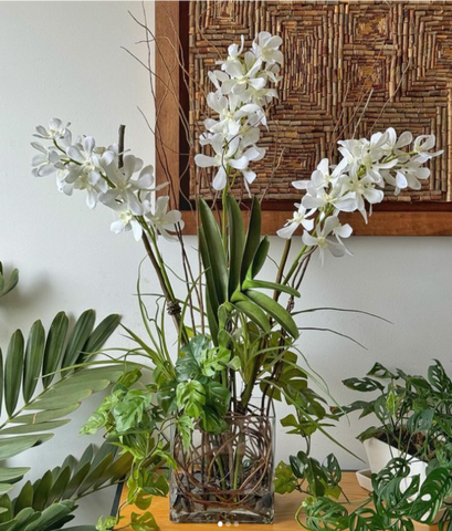 Orquideario con Vanda Orchid Artificial en Base Cuadrada de Vidrio con Agua Acrílica