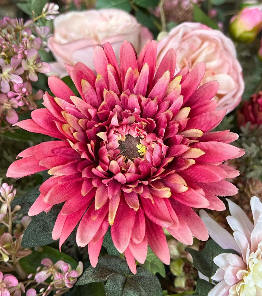 Centro de Mesa Artificial con Rosas y Dahlias en Bowl Cristal Tipo Espejo