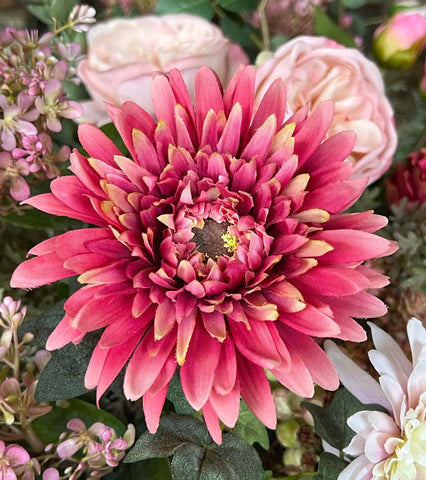 Centro de Mesa Artificial con Rosas y Dahlias en Bowl Cristal Tipo Espejo
