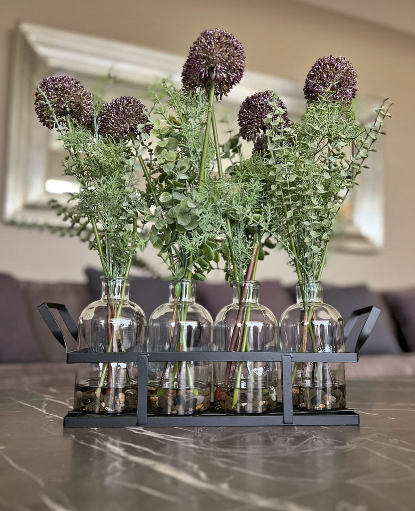 Set de 4 Botellas con Allium Artificiales en Base de Herrería con Agua Acrílica