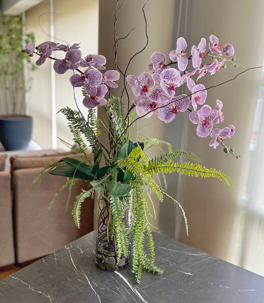 Orquideario Phalaenopsis Artificial en Cilindro de Vidrio con Agua Acrílica