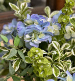 Arreglo Floral de Hidrangeas Azules Artificiales en Florero de Vidrio con Agua Acrílica