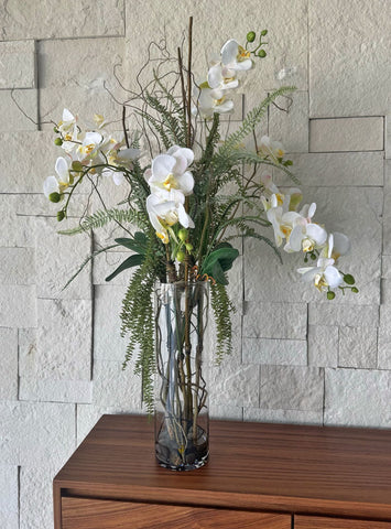 Orquideario con Phalaenopsis Artificial en Cilindro de Vidrio con Agua Acrílica