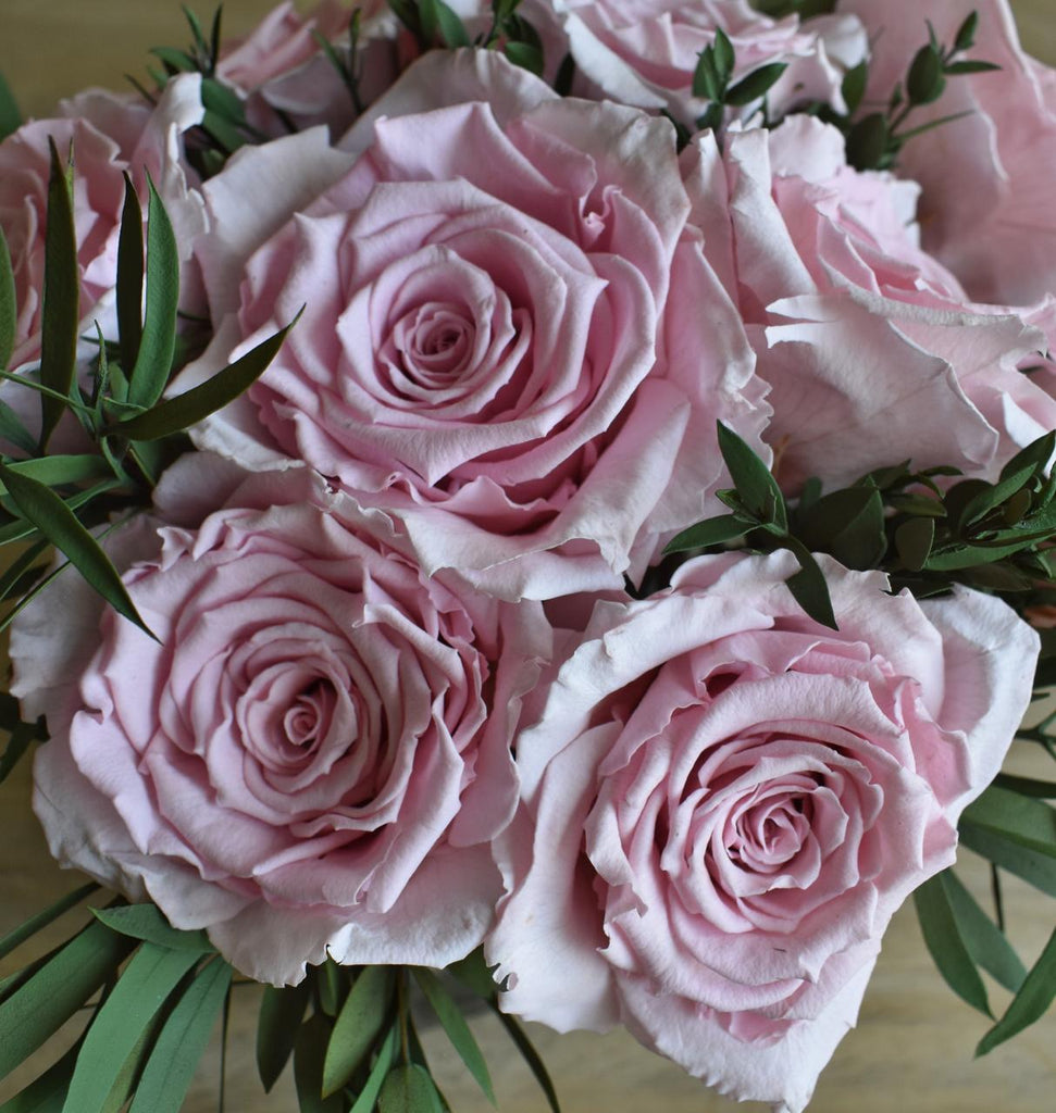 Arreglo Floral con Rosas Preservadas Color Rosa en Base Cuadrada de Vidrio con Agua Acrílica