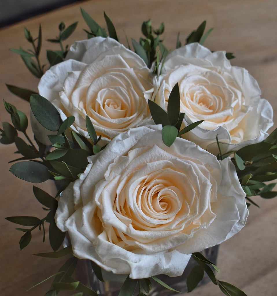 Arreglo Floral con Rosas Preservadas Champagne en Base Cuadrada de Vidrio con Agua Acrílica
