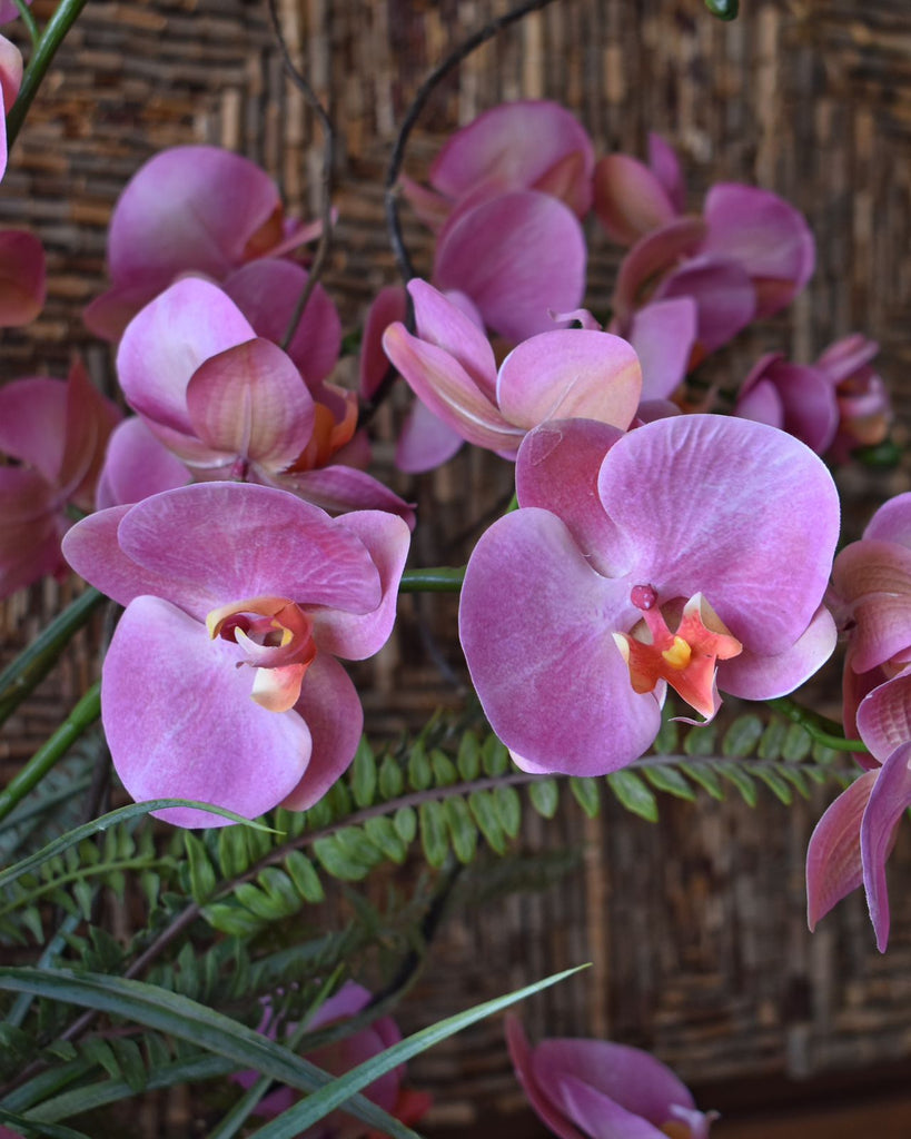Orquideario con Phalaenopsis Rosas y Follajes Artificiales en Florero de Vidrio con Agua Acrílica