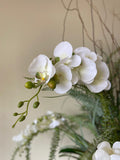 Orquideario con Phalaenopsis Blancas y Follajes Artificiales en Florero de Vidrio con Agua Acrílica