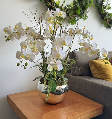 Orquideario con Phalaenopsis Articial en Base de Vidrio Tipo Espejo