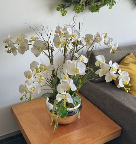 Orquideario con Phalaenopsis Articial en Base de Vidrio Tipo Espejo