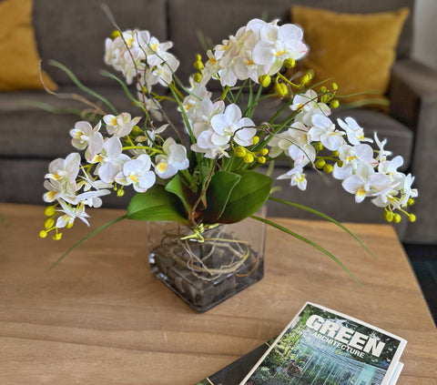 Orquideario con Mini Phalaenopsis Artificial en Base Cuadrada de Vidrio