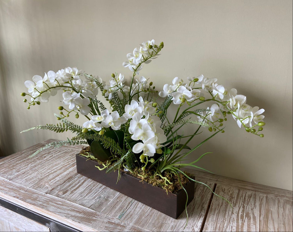 Orquideario con Mini Phalaenopsis y Follajes Artificiales en Base Rectangular