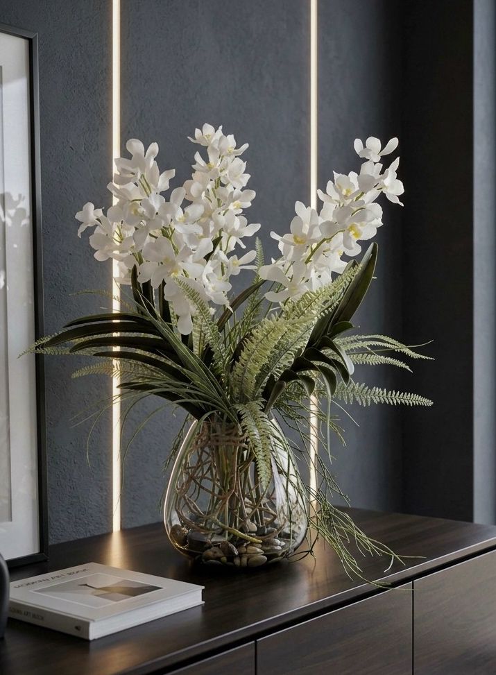 Orquideario con Vanda Orchid y Follajes Artificiales en Florero de Vidrio
