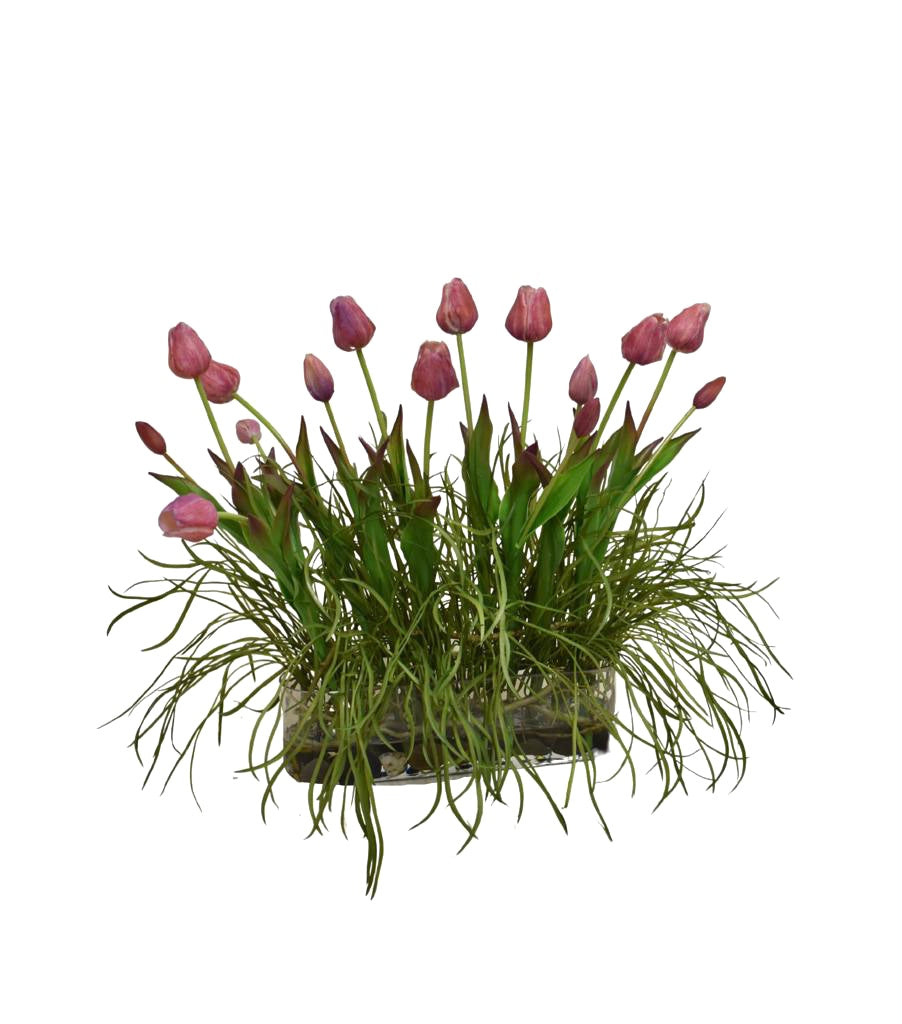 Centro de Mesa con Tulipanes Artificiales en Base Rectangular de Vidrio con Agua Acrílica