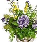 Centro de Mesa con Hydrangeas y Larkpur Artificiales en Base de Vidrio Tipo Espejo.
