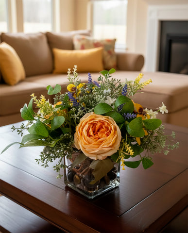 Arreglo Floral con Rosa Cabbage, Pansy y Follajes Artificiales en Base Cuadrada de Vidrio