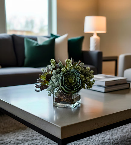 Arreglo con Variedad de Suculentas Artificiales en Base Cuadrada con Agua Acrílica - Martha Sophia