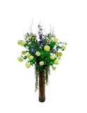 Arreglo Floral 3/4 con Delphiniums y Snowball Artificiales en Cilindro de Vidrio con Agua Acrílica