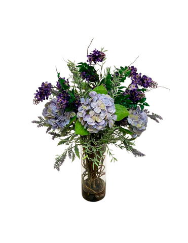 Arreglo Floral de Hidrangeas y Lilac Artificiales en Cilindro de Vidrio con Agua Acrílica