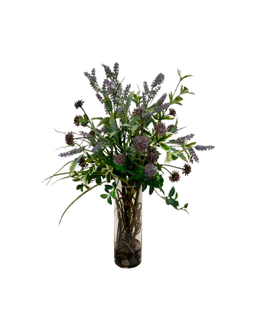 Arreglo Floral con Lavandas y Allium Artificial en Cilindro de Vidrio con Agua Acrílica
