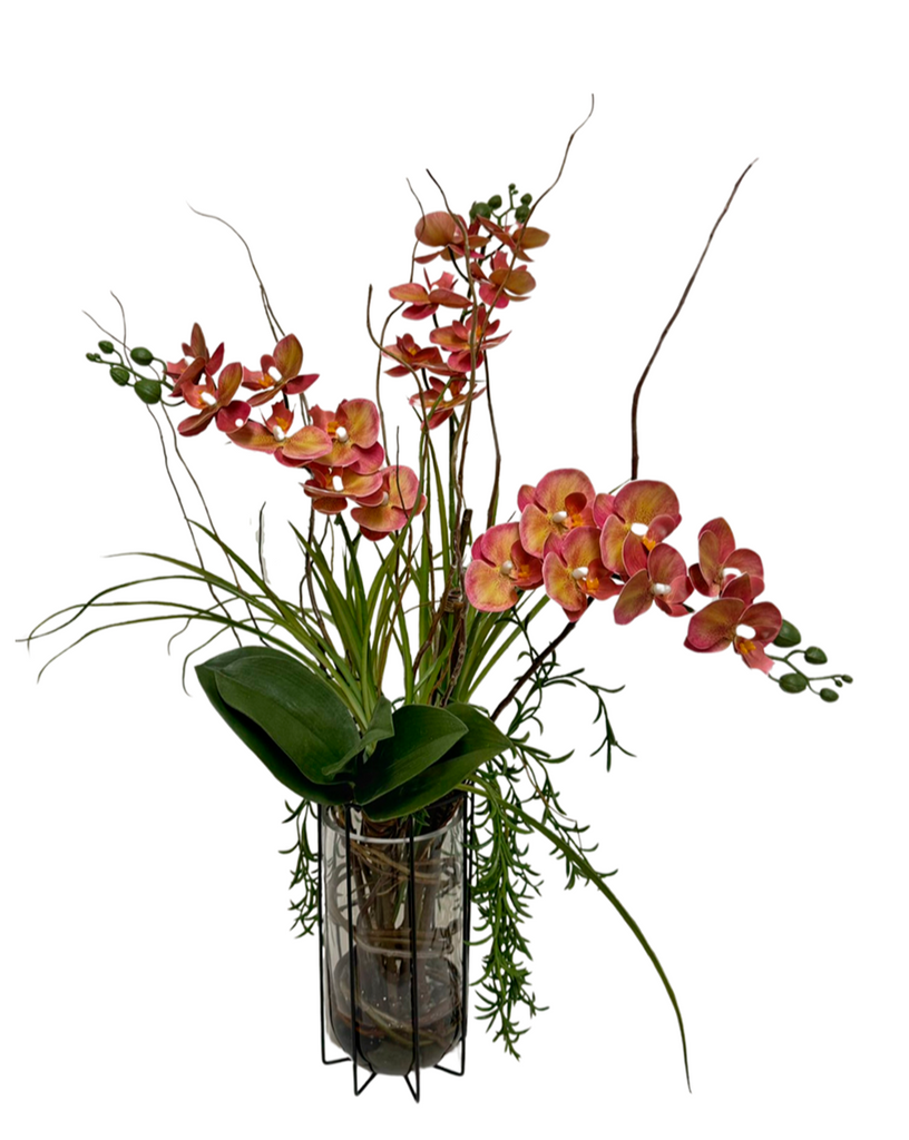 Orquideario con Phalaenopsis Artificial en Florero de Vidrio con Herrería