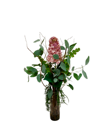Arreglo Floral con Hidrangea Rosa Artificial en Florero de Vidrio con Agua Acrílica