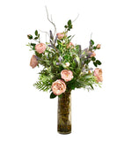 Arreglo Floral de Rosas y Lavandas Artificiales en Cilindro de Vidrio con Agua Acrílica