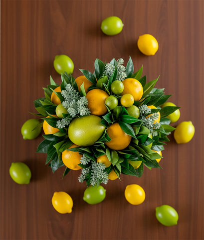 Centro de Mesa Mediano con Limones Combinados Hechos a Mano Pintados al Óleo en Base Tipo Cantera