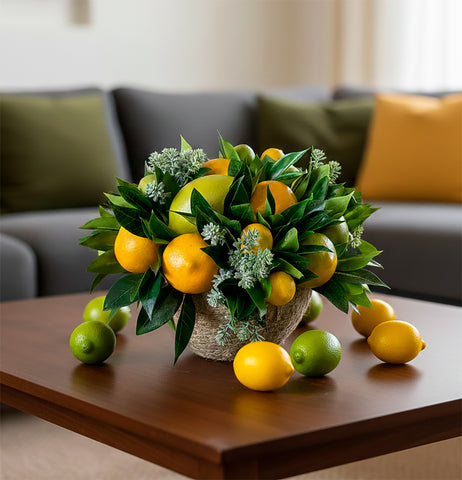 Centro de Mesa Mediano con Limones Combinados Hechos a Mano Pintados al Óleo en Base Tipo Cantera