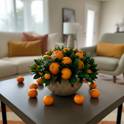 Centro de Mesa con Naranjas y Mandarinas Hechas a Mano Pintadas al Óleo en Base Tipo Cantera