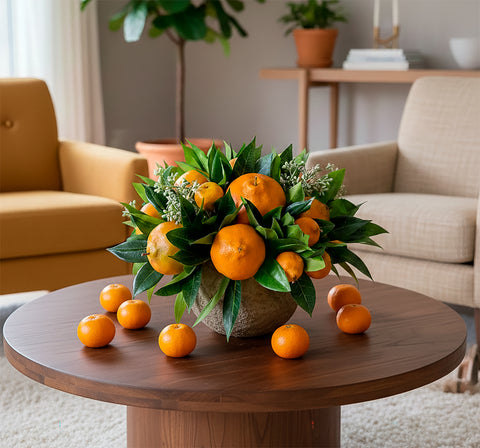 Centro de Mesa Mediano con Naranjas y Mandarinas Hechas a Mano Pintadas al Óleo en Base Tipo Cantera - Martha Sophia