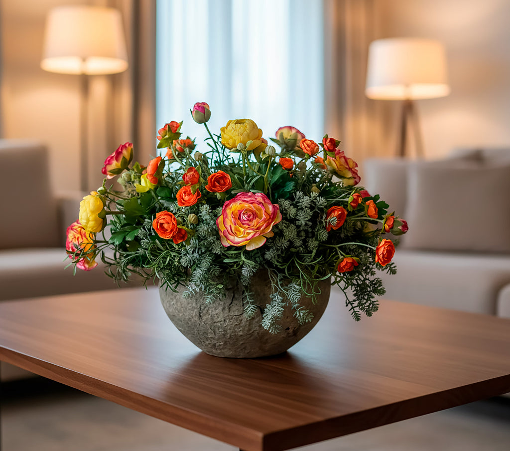 Centro de Mesa con Ranunculus Naranjas y Amarillos Artificiales en Base Tipo Cantera - Martha Sophia