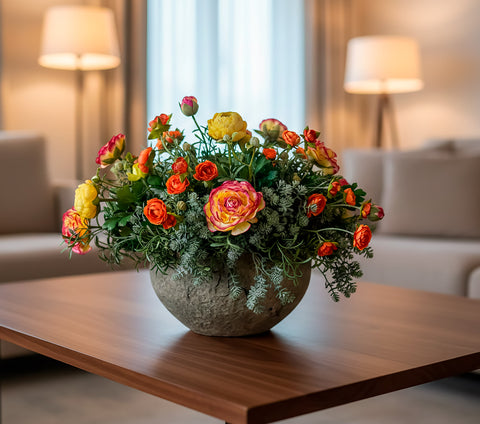 Centro de Mesa con Ranunculus Naranjas y Amarillos Artificiales en Base Tipo Cantera - Martha Sophia