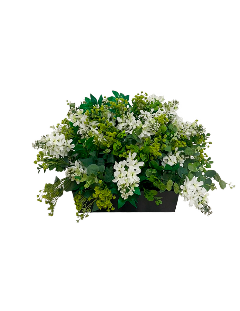 Centro de Mesa de Lilac Blanca con Follajes Artificiales en Base Cuadrada