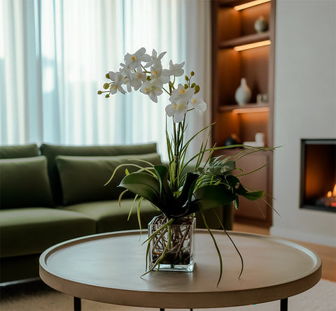 Orquideario con Mini Phalaenopsis y Follajes Artificiales en Base Cuadrada de Vidrio - Martha Sophia