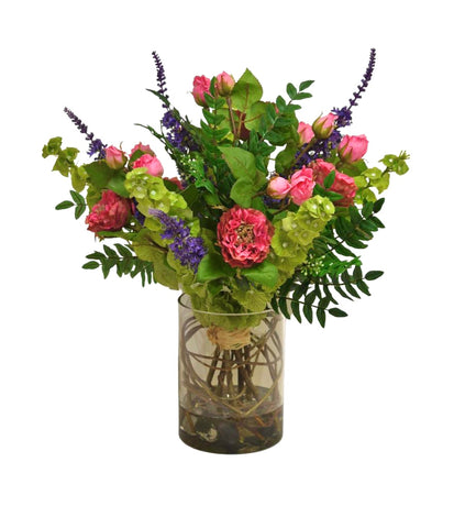 Arreglo Floral de Rosas y Bluddelias Artificiales en Florero de Vidrio con Agua Acrílica