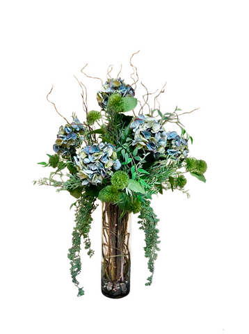Arreglo Floral con Hydrangeas Azules Artificiales en Cilindro de Vidrio con Agua Acrílica