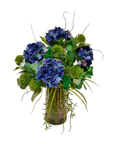 Arreglo Floral con Hidrangeas Azules Y Follajes Artificiales en Florero de Vidrio con Agua Acrílica