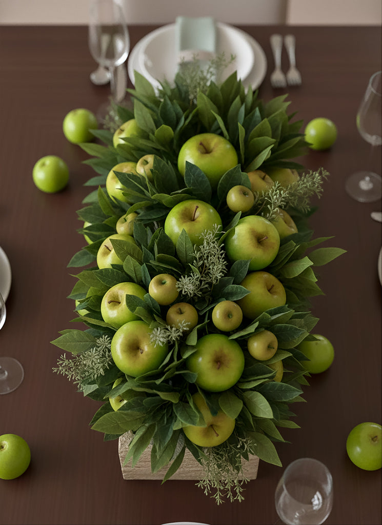 Centro de Mesa con Manzanas Hechas a Mano Pintadas al Óleo en Base Tipo Cantera